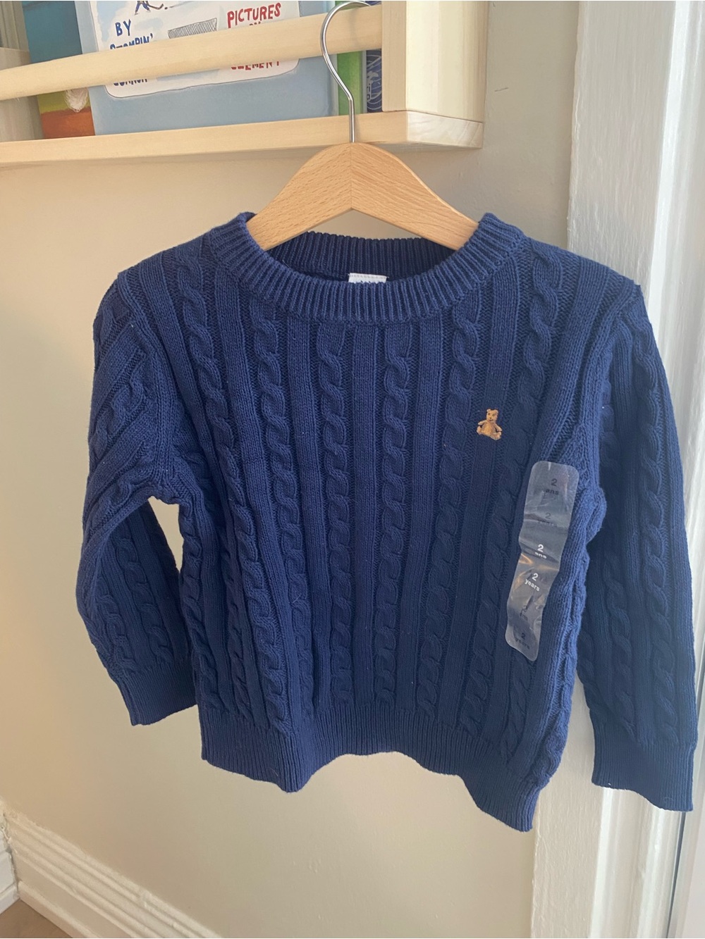 GAP Navy Cable-Knit Crewneck Sweater with Small Embroidered Bear
